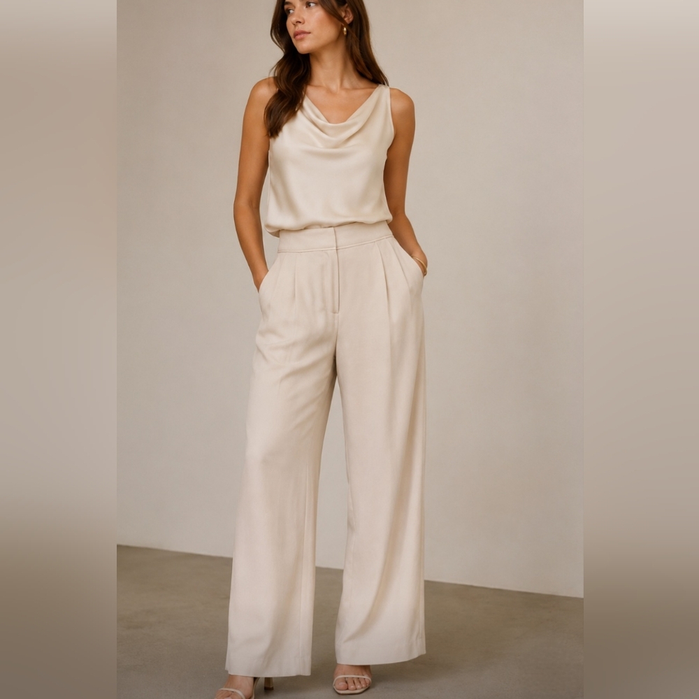 Halston Womens Cream Wide Leg Pants  Pleated Front Lined Size 12 NEW WITH TAGS